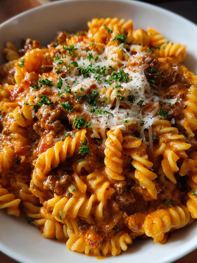 One-Pot Creamy Beef Pasta in a skillet with Parmesan