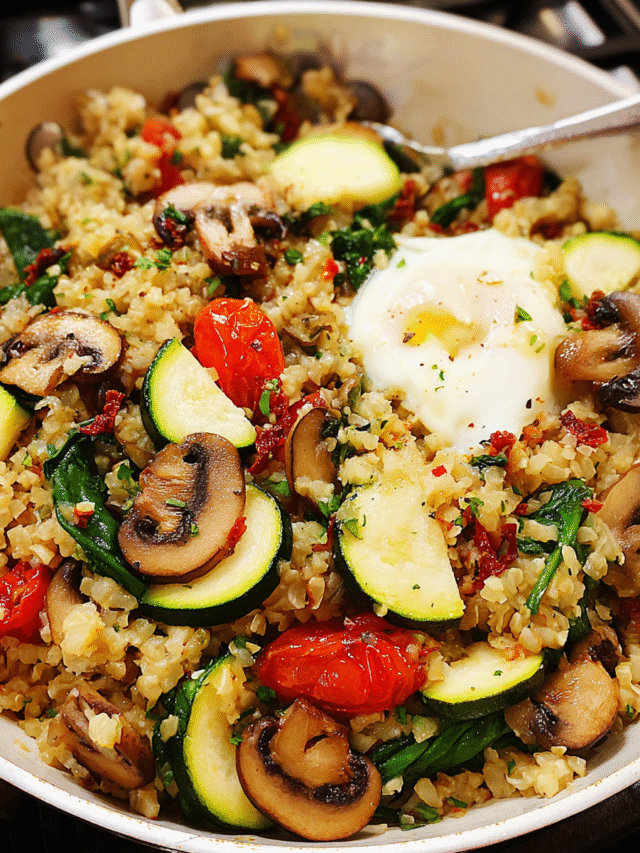 One-pot creamy cauliflower rice skillet in a pan