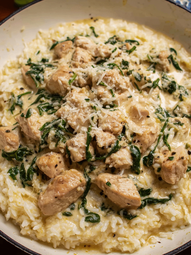 Creamy garlic chicken and rice cooked in one skillet