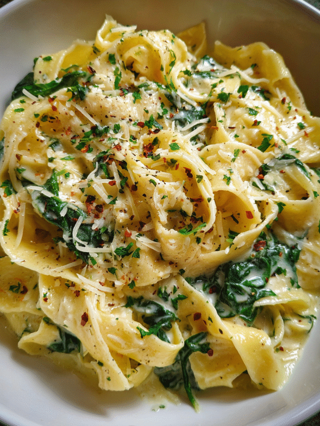 one-pot garlic butter pasta with spinach in skillet