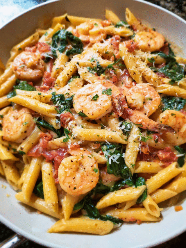 one pot shrimp and spinach creamy pasta in skillet