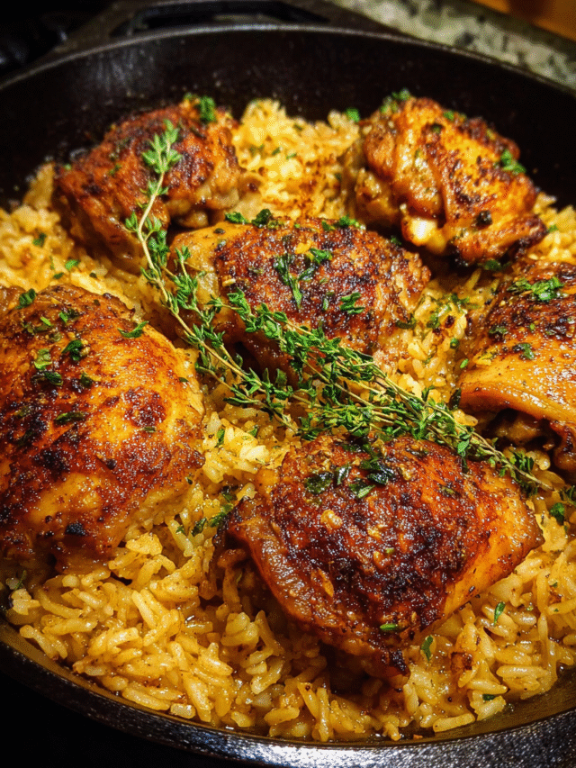 One-pan Chicken and Garlic Rice cooked in a skillet