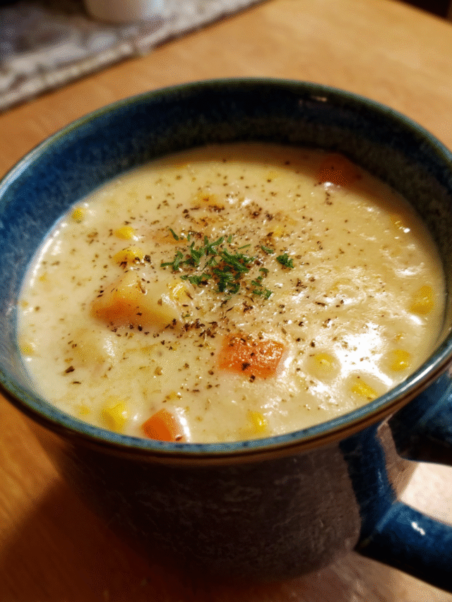 Bowl of creamy Parmesan Corn Chowder with vegetables