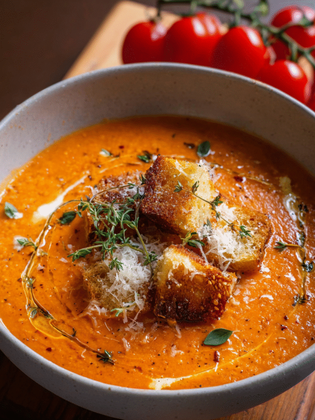 Parmesan roasted garlic tomato soup in a bowl with basil