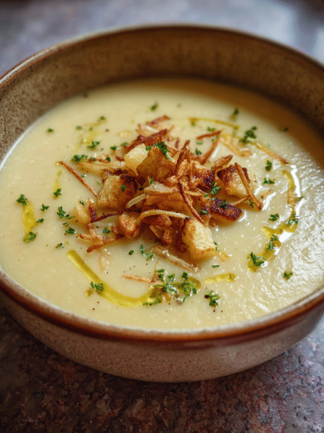 Bowl of roasted parsnip and apple soup topped with parsnip crisps