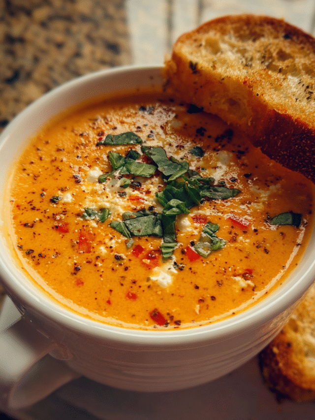 Creamy roasted red pepper feta soup in a bowl