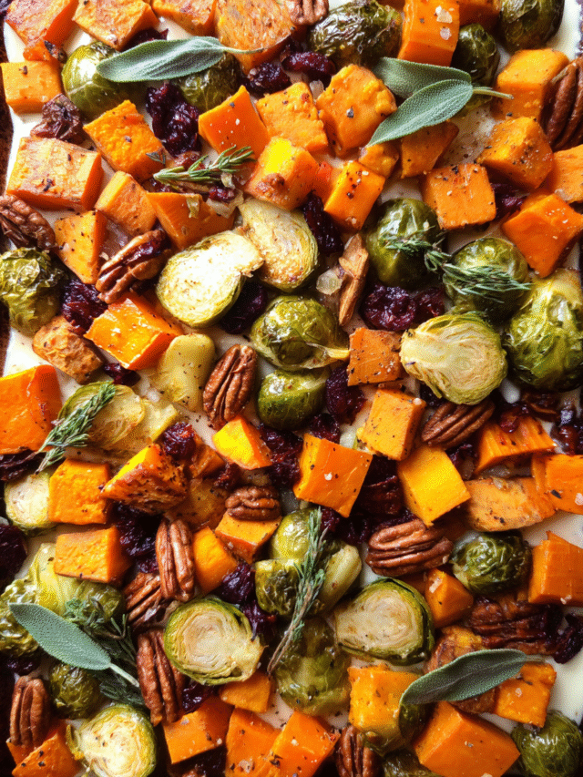 Roasted vegetables served over garlic yogurt sauce with pecans