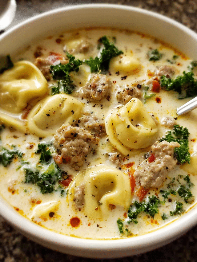 Sausage Tortellini Soup in a creamy broth with kale