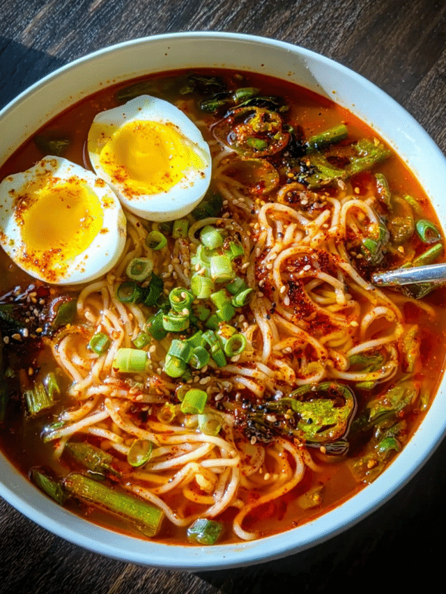 Spicy Gochujang Noodle Soup in a bowl with noodles, egg, and chili oil