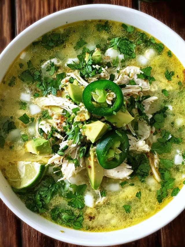Spicy lime avocado soup topped with cilantro and cheese