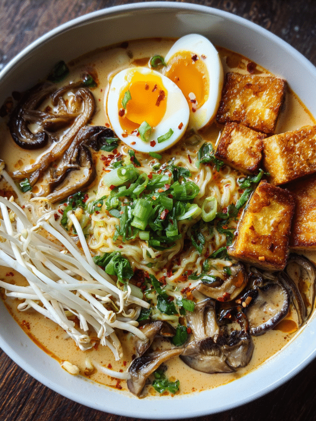 Bowl of spicy ramen with creamy sesame broth and mushrooms