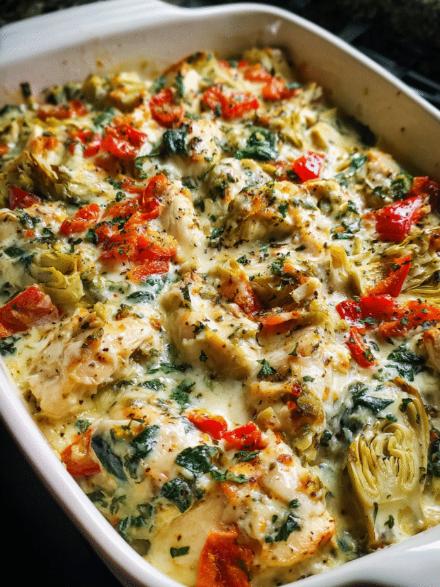 Spinach artichoke chicken bake fresh from the oven