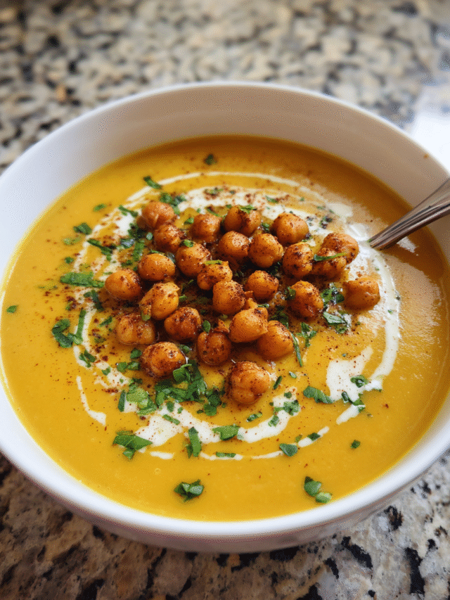 Bowl of Sweet Potato and Coconut Curry Soup with chickpeas