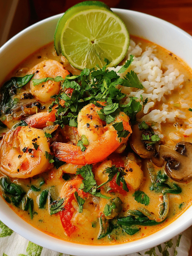 Thai coconut shrimp soup in a bowl with lime and cilantro
