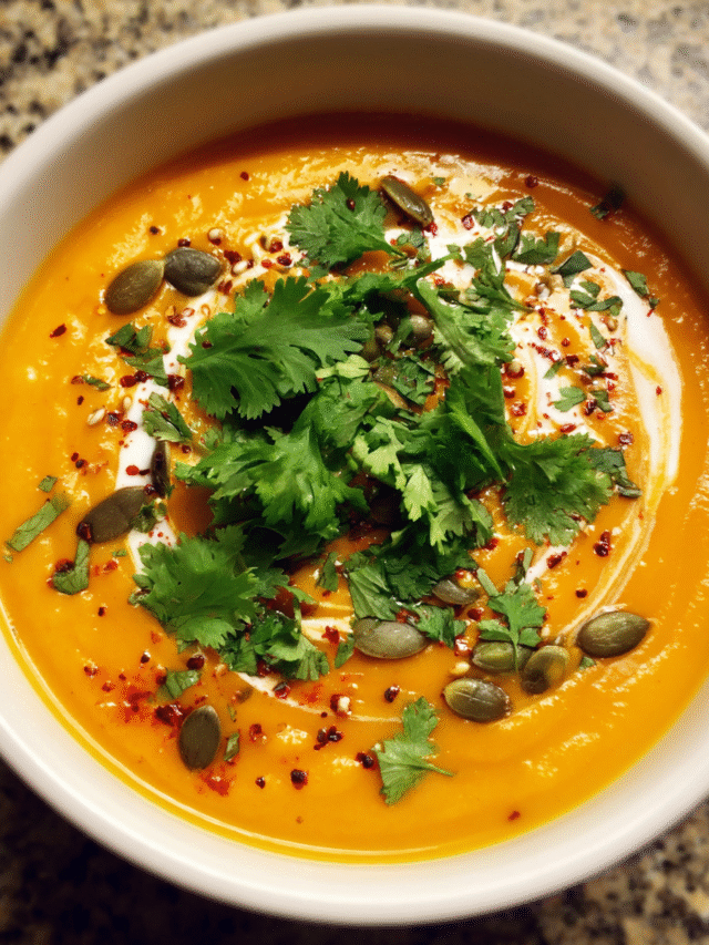 Creamy Thai curry pumpkin soup topped with cilantro and pepitas