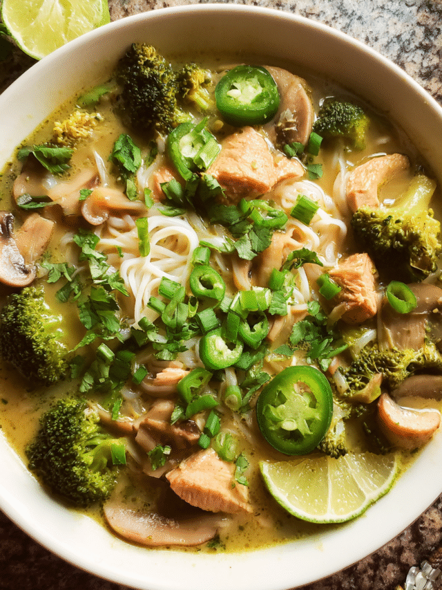 Thai Green Curry Chicken Soup in a bowl with fresh herbs