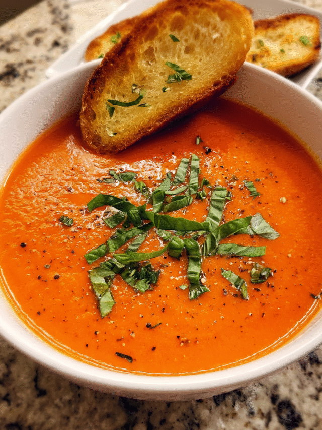 Roasted roma tomatoes and fresh basil blended into a smooth homemade soup