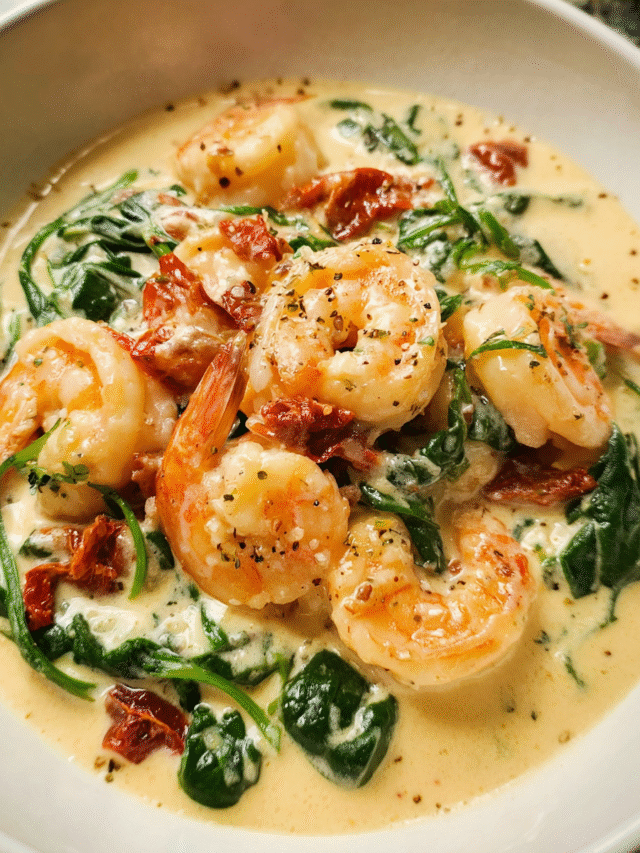 Tuscan Shrimp and Spinach Soup with creamy garlic broth