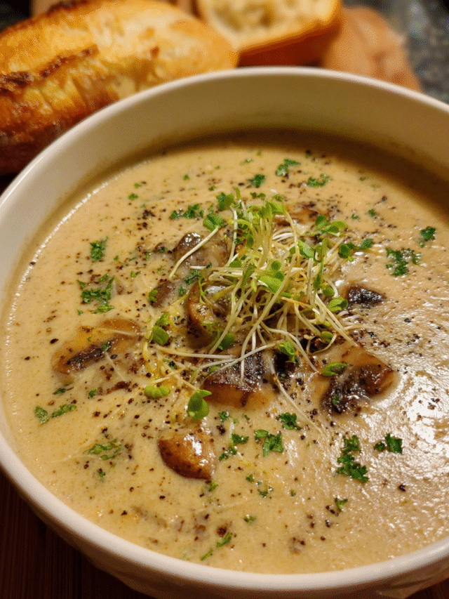 Bowl of creamy vegan mushroom truffle soup with garnish