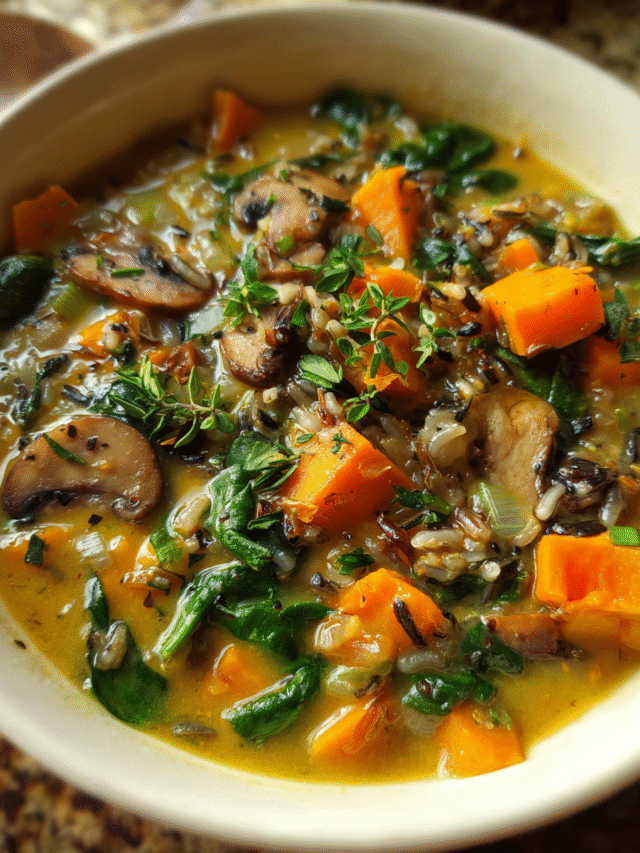 Wild Rice Sweet Potato Soup with vegetables and herbs