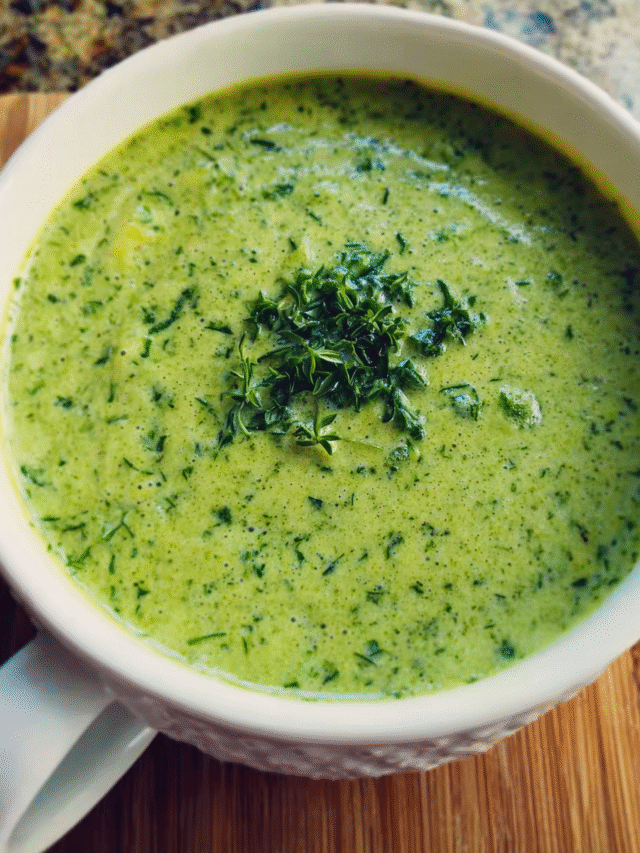 Creamy zucchini spinach soup in a bowl