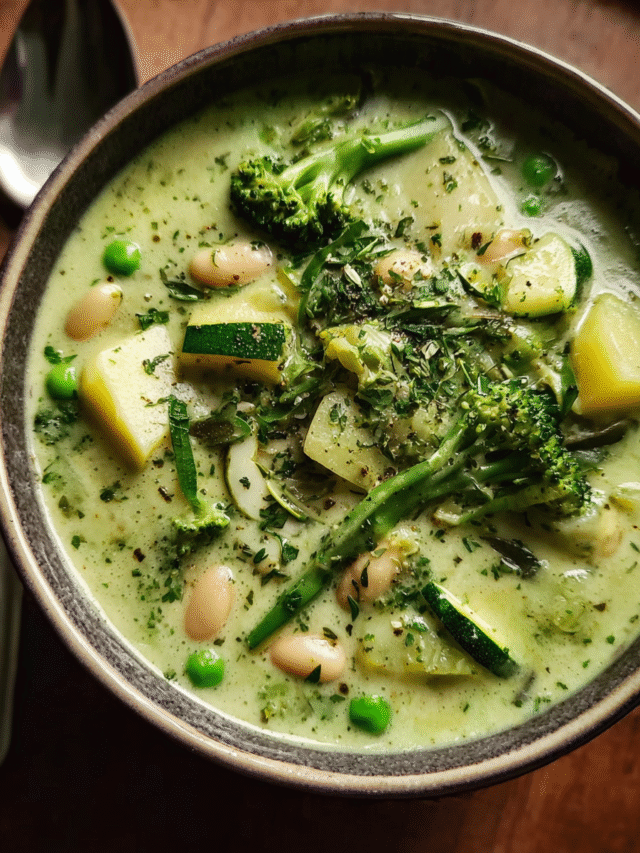 Creamy zucchini and broccoli soup in a bowl with herbs