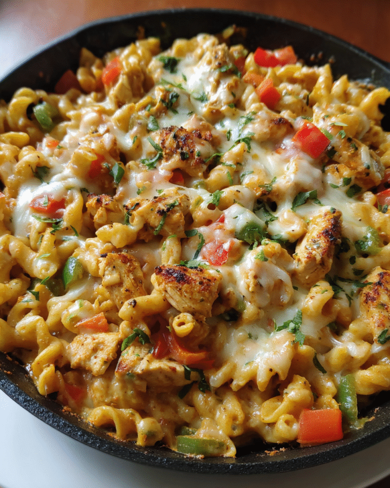 Baked chicken fajita pasta with peppers and melted cheese