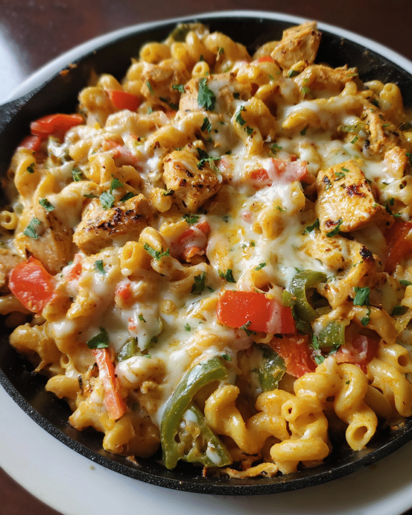 Baked chicken fajita pasta with peppers and melted cheese