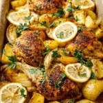 baked lemon chicken thighs with roasted potatoes on a sheet pan