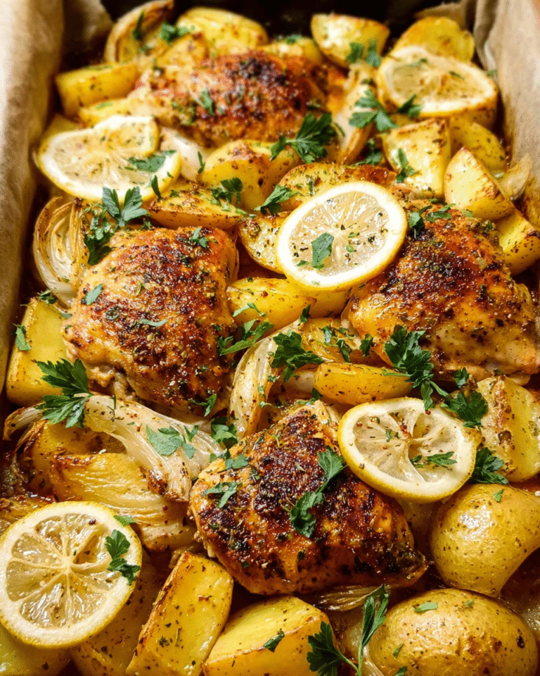 baked lemon chicken thighs with roasted potatoes on a sheet pan
