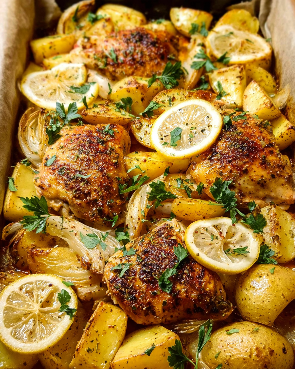 baked lemon chicken thighs with roasted potatoes on a sheet pan