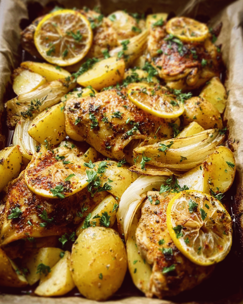 baked lemon chicken thighs with roasted potatoes on a sheet pan