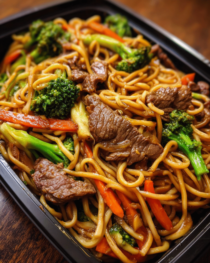 Beef Lo Mein Meal Prep in glass containers with broccoli and noodles
