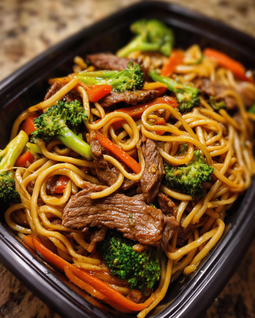 Beef Lo Mein Meal Prep in glass containers with broccoli and noodles