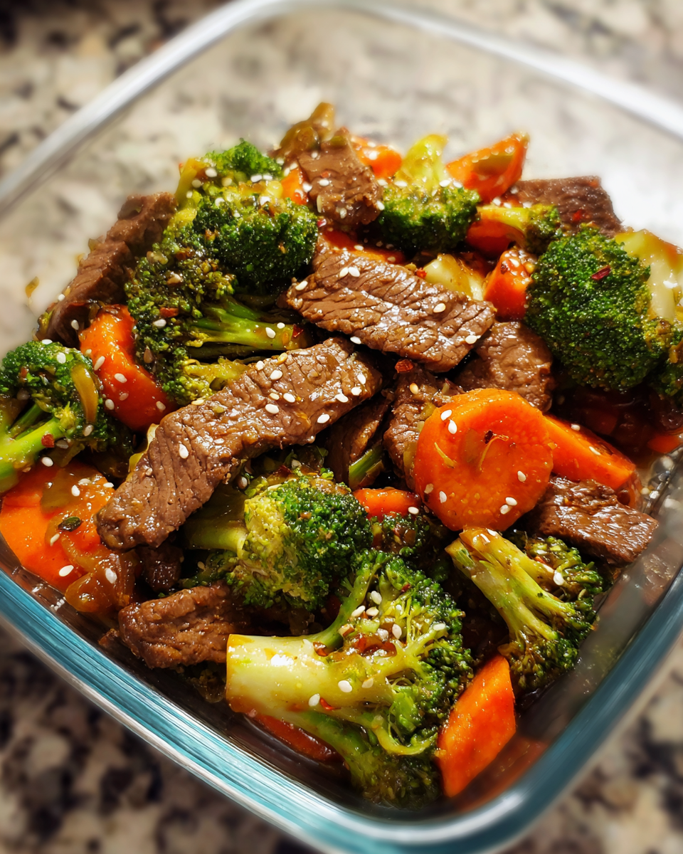 Clean eating beef stir fry meal prep with broccoli and carrots