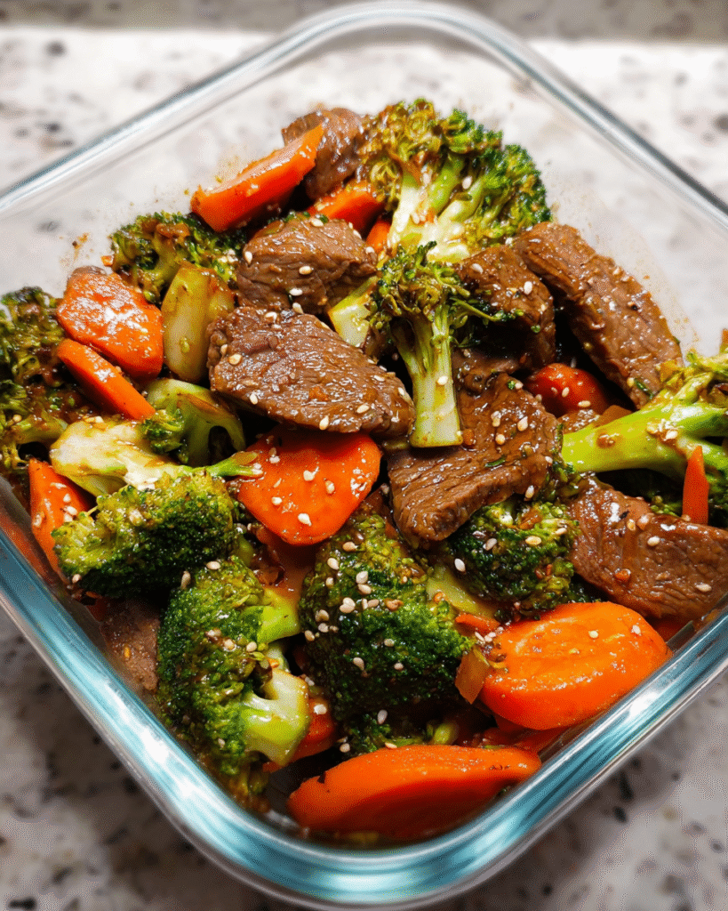 Clean eating beef stir fry meal prep with broccoli and carrots