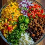 Beef taco bowl meal prep with rice, beans, and corn salsa in meal prep containers