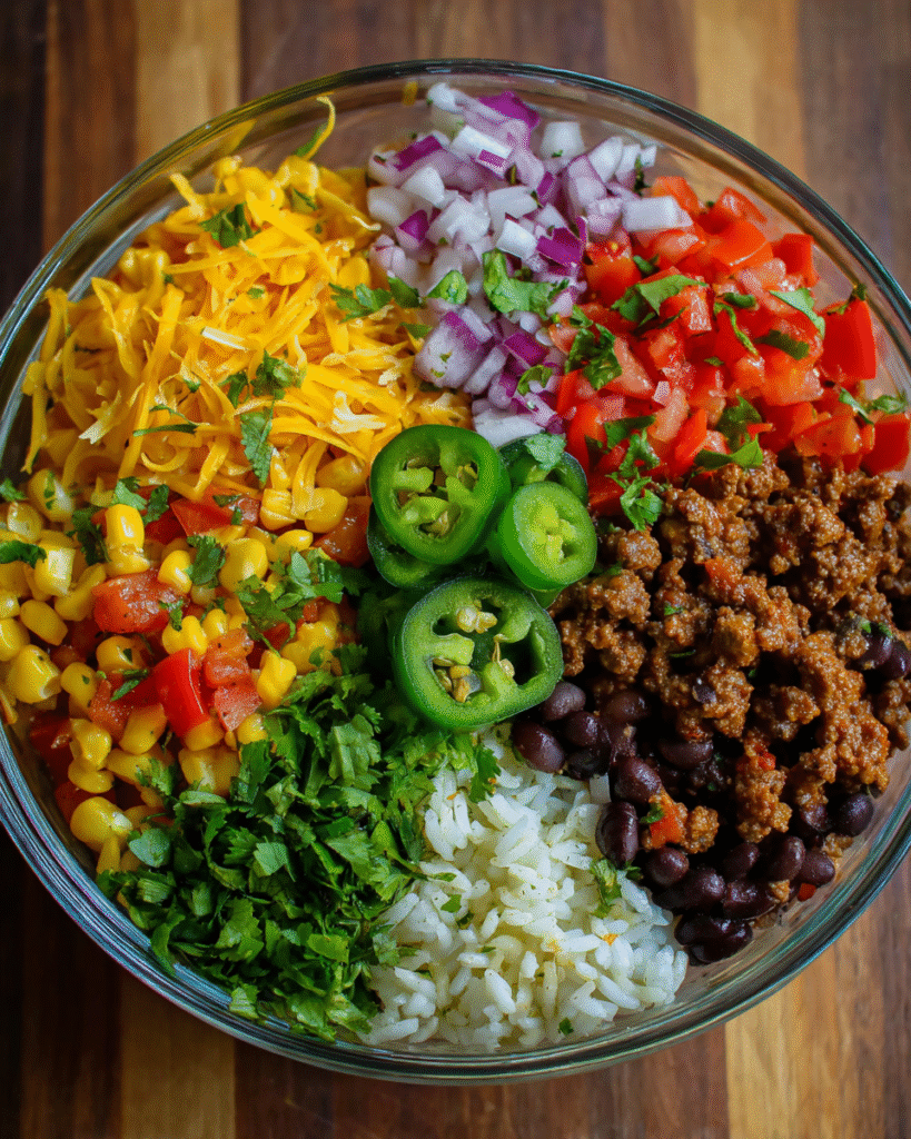 Beef taco bowl meal prep with rice, beans, and corn salsa in meal prep containers