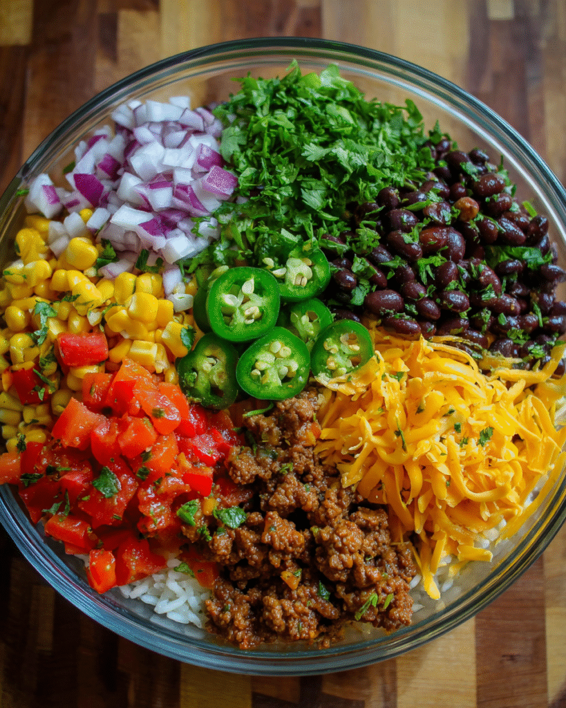 Beef taco bowl meal prep with rice, beans, and corn salsa in meal prep containers