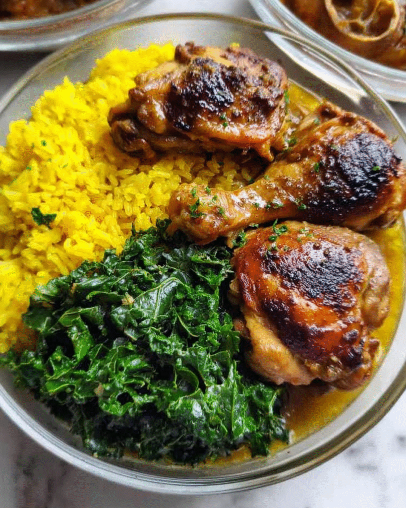 Chicken adobo meal prep bowl with yellow jasmine rice and garlic kale