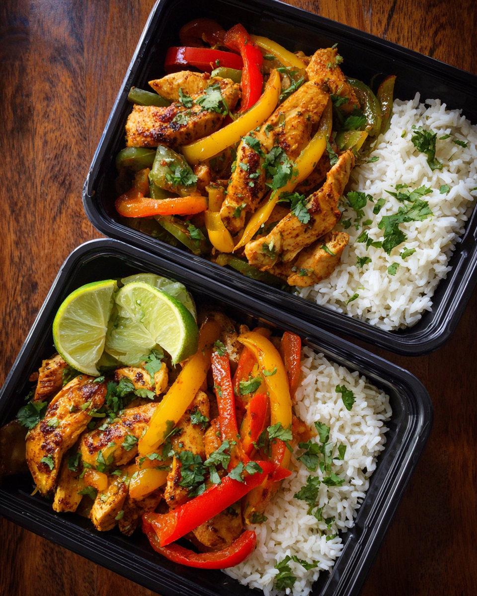 Chili lime chicken and rice meal prep bowls with grilled peppers