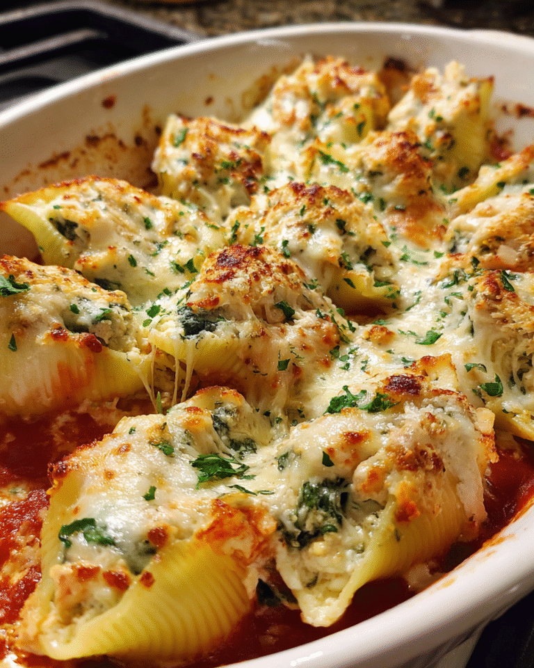 Chicken and spinach stuffed shells baked with mozzarella
