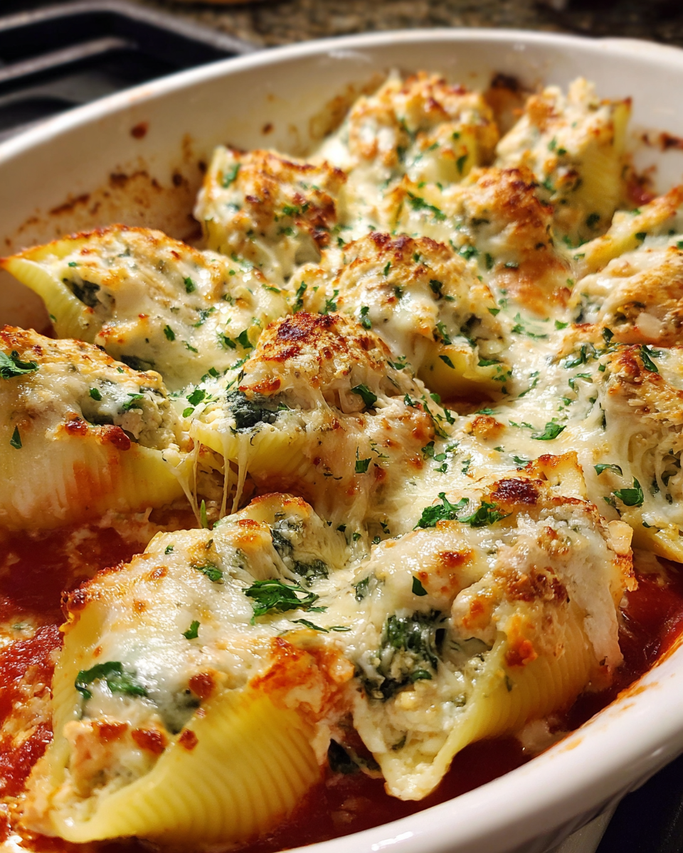 Chicken and spinach stuffed shells baked with mozzarella