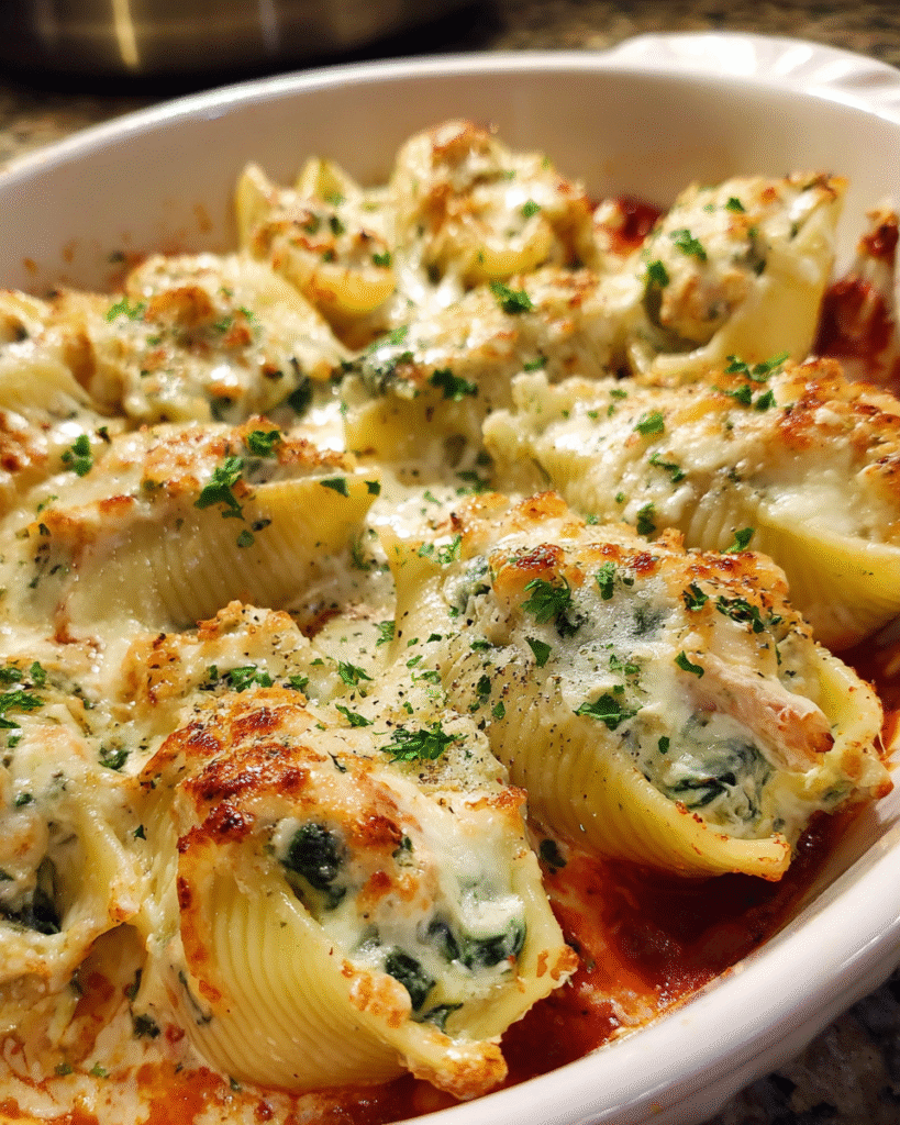 Chicken and spinach stuffed shells baked with mozzarella
