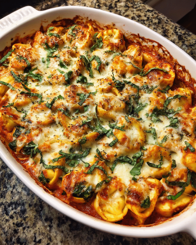 Cozy baked tortellini with spinach in a casserole dish, topped with bubbling cheese and fresh basil