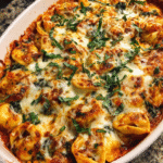 Cozy baked tortellini with spinach in a casserole dish, topped with bubbling cheese and fresh basil