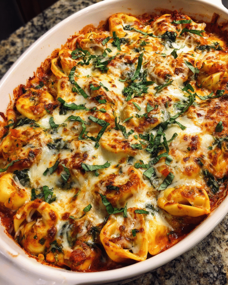 Cozy baked tortellini with spinach in a casserole dish, topped with bubbling cheese and fresh basil