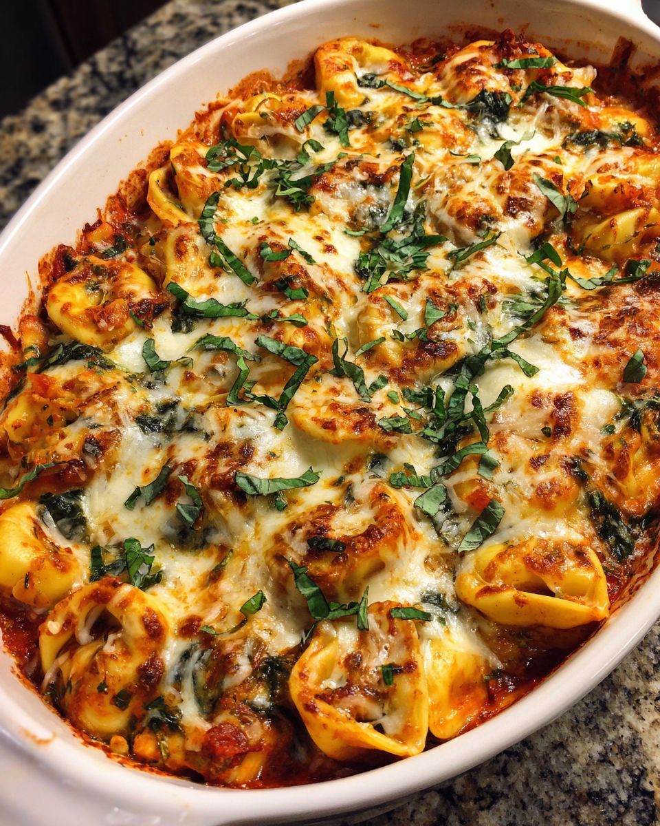 Cozy baked tortellini with spinach in a casserole dish, topped with bubbling cheese and fresh basil