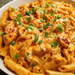 creamy buffalo chicken pasta in a skillet