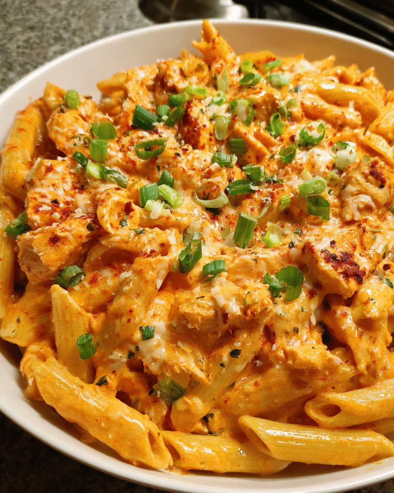 creamy buffalo chicken pasta in a skillet